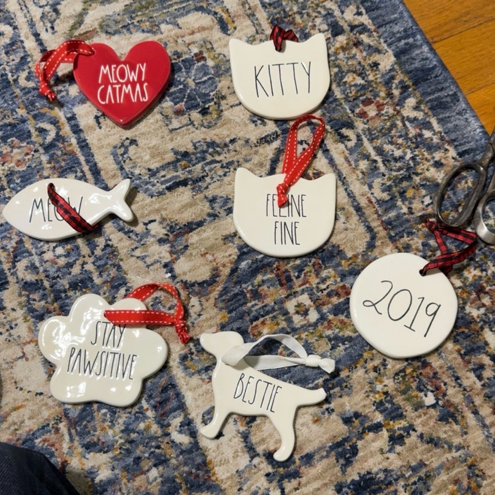 Rae Dunn Christmas Holiday Ceramic Pet Cat Dog Themed Ornaments - White Red 2019